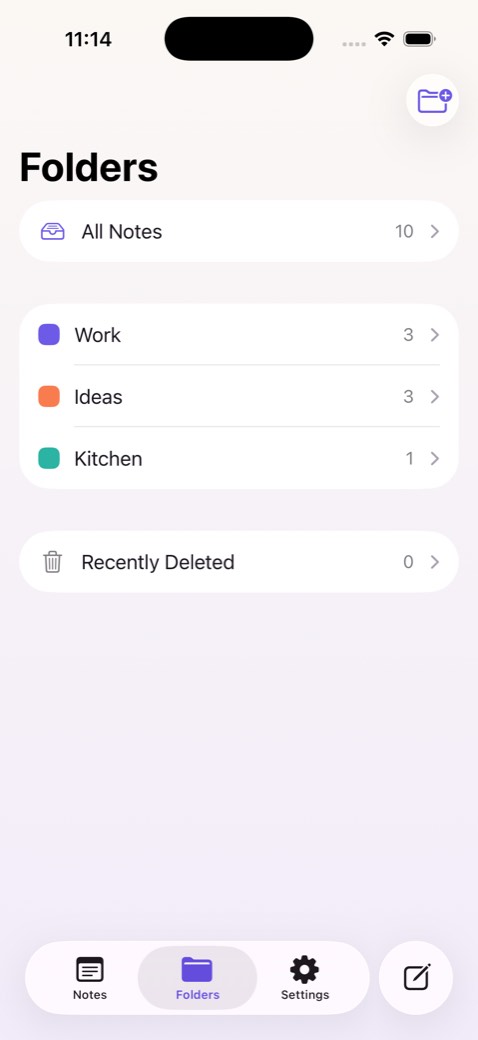 The folders screen in Bulguritto with coloured folders and Recently Deleted