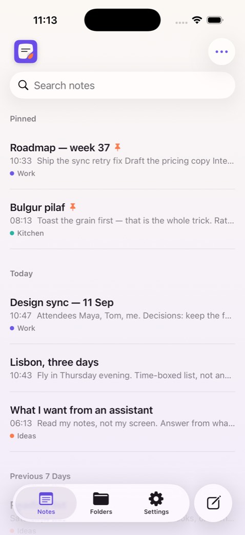 The Bulguritto note list on iPhone, with pinned notes and coloured folders