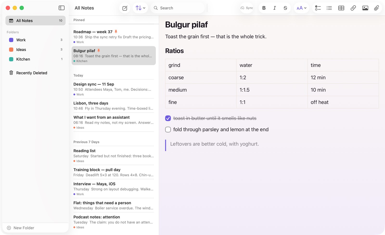 Bulguritto on macOS: folder sidebar, note list and the open note side by side